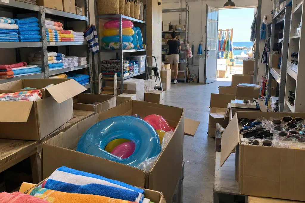Seaside shop storeroom with beach towels and swim rings being unpacked from cartons onto shelves
