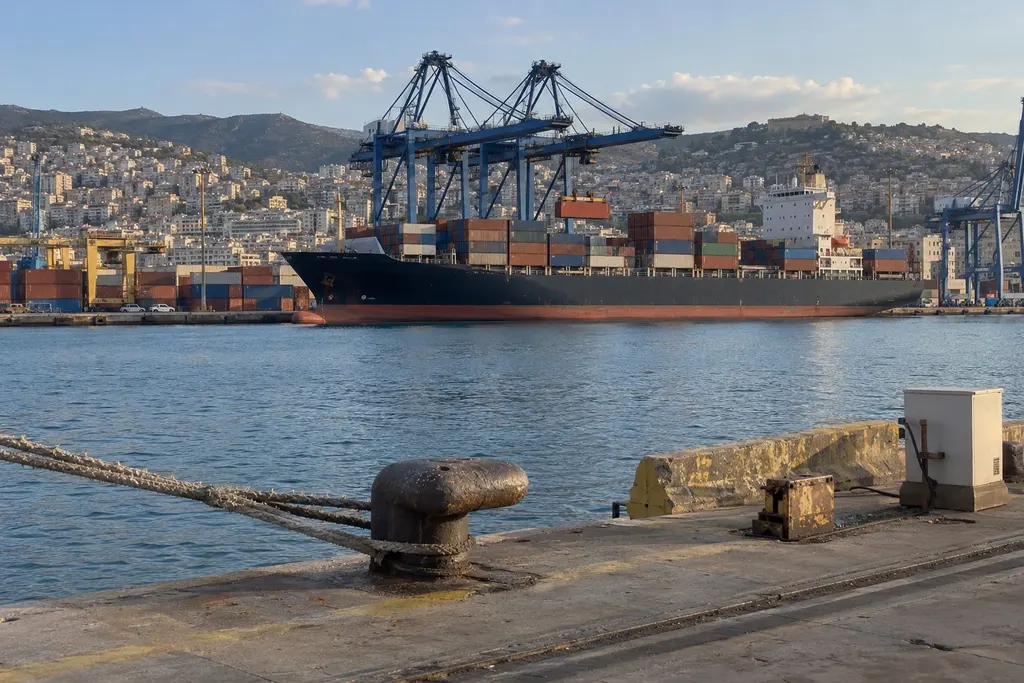 Container ship being unloaded under cranes at a Mediterranean port, a hillside city behind