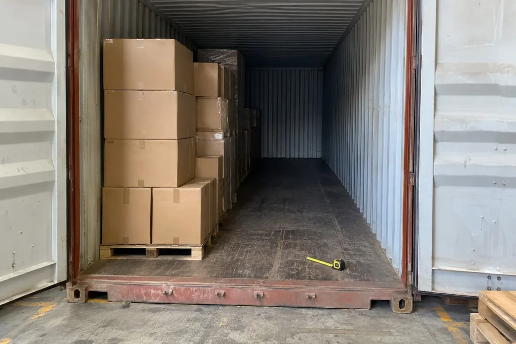 40-foot high-cube container half loaded with cartons on pallets, a tape measure on the floor