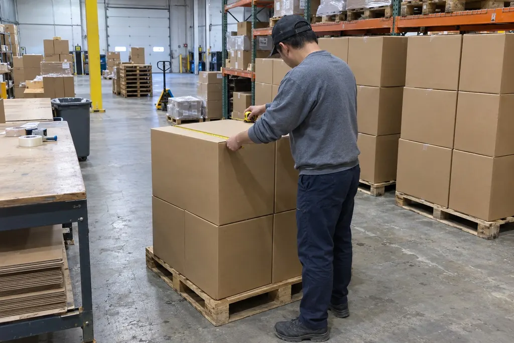 Warehouse worker measuring an export carton on a pallet with a tape measure