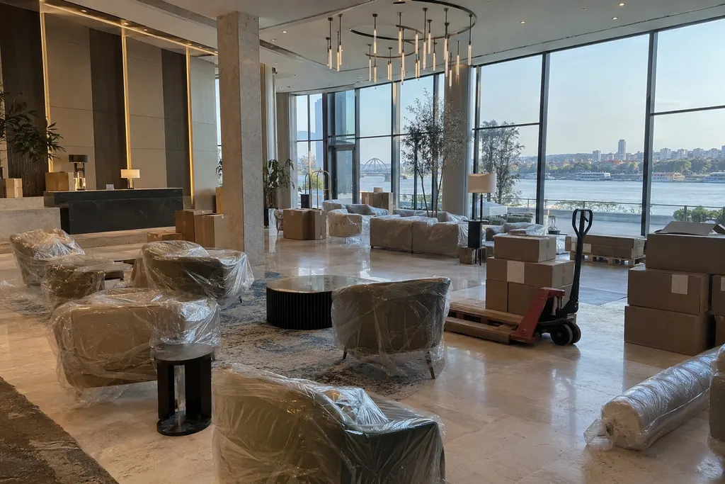 Hotel lobby being fitted out: armchairs still in protective plastic, cartons and a pallet jack, a river view through the windows