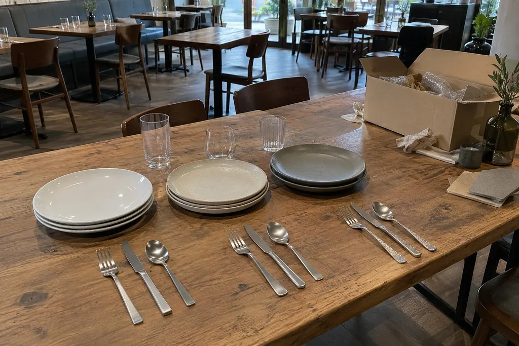 Restaurant tableware samples laid out for approval: plates, glasses and cutlery in several variants