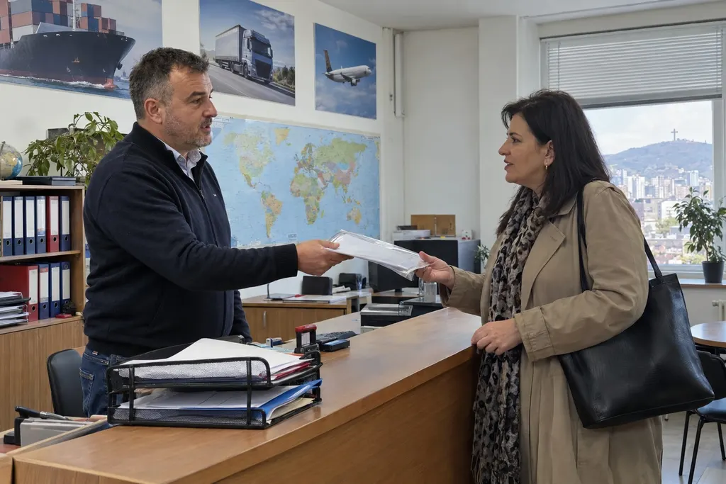 Forwarder handing a folder of shipping documents across the office counter to a client