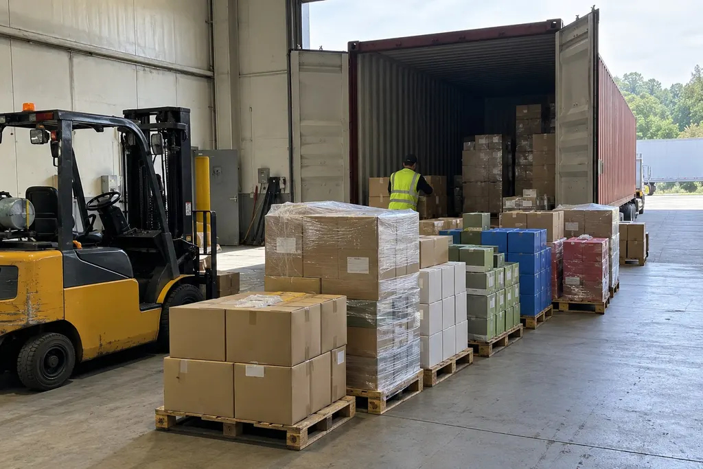 Pallets of cartons from different suppliers lined up in front of an open container at a consolidation warehouse