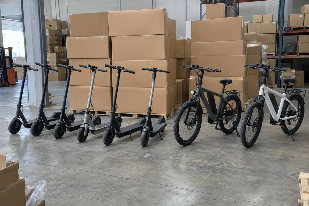 Row of new electric scooters and two e-bikes in a warehouse, their shipping cartons stacked behind