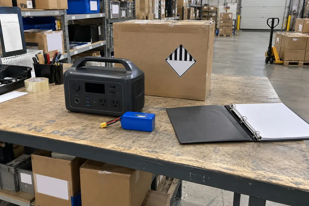 Portable power station and a lithium battery pack on a workbench, a carton with the Class 9 hazard label behind