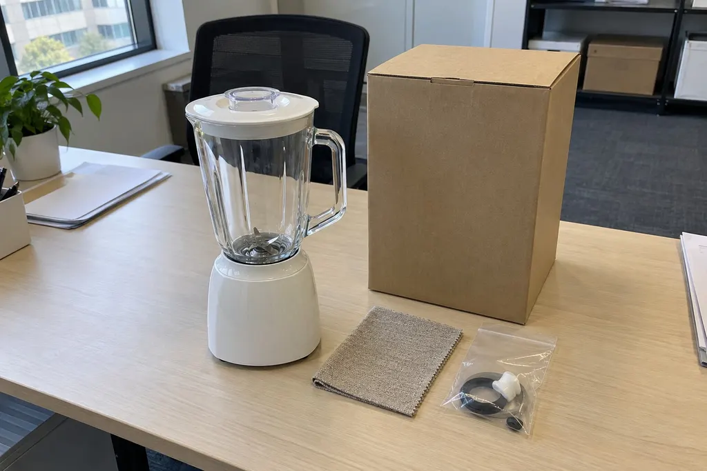 Small blender, its plain box, a fabric swatch and a bag of spare parts laid out on a desk for the product description