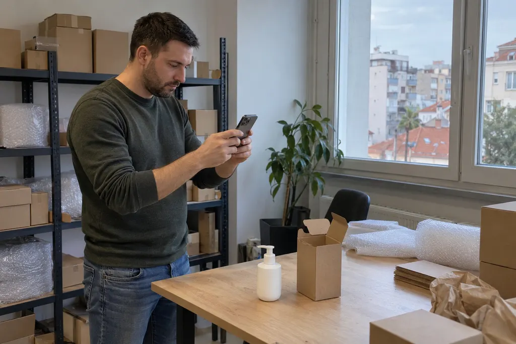 Man photographing a product and its packaging with a phone at a packing table